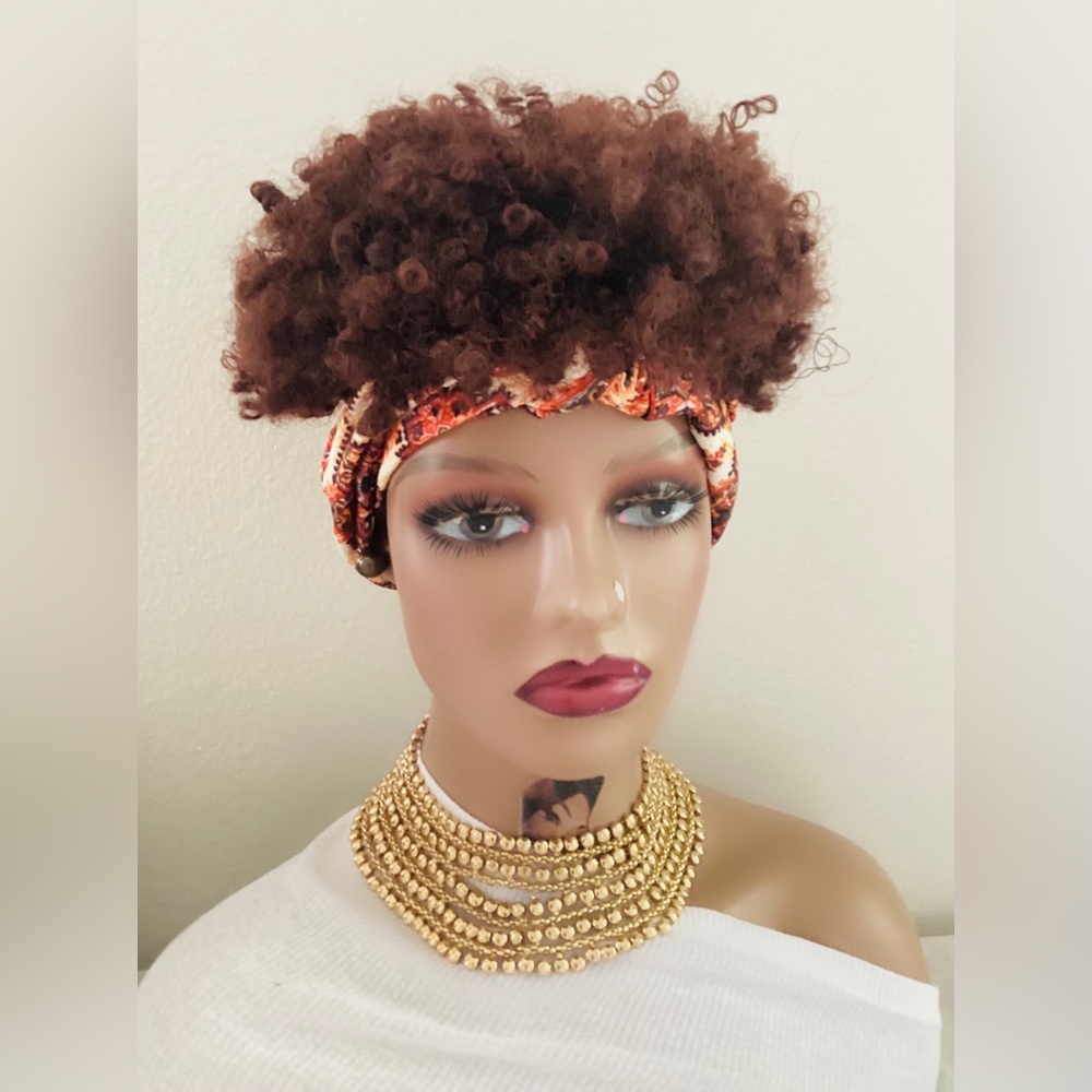 Curly kinky wig headband synthetic short reddish brown